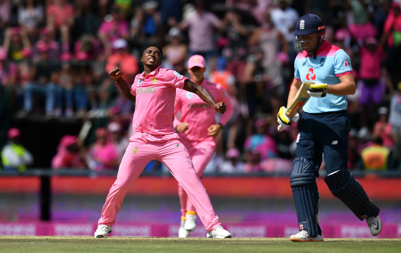 Lutho Sipamla celebrates the wicket of Jonny Bairstow, South Africa v England, 3rd ODI, Johannesburg, February 9, 2019