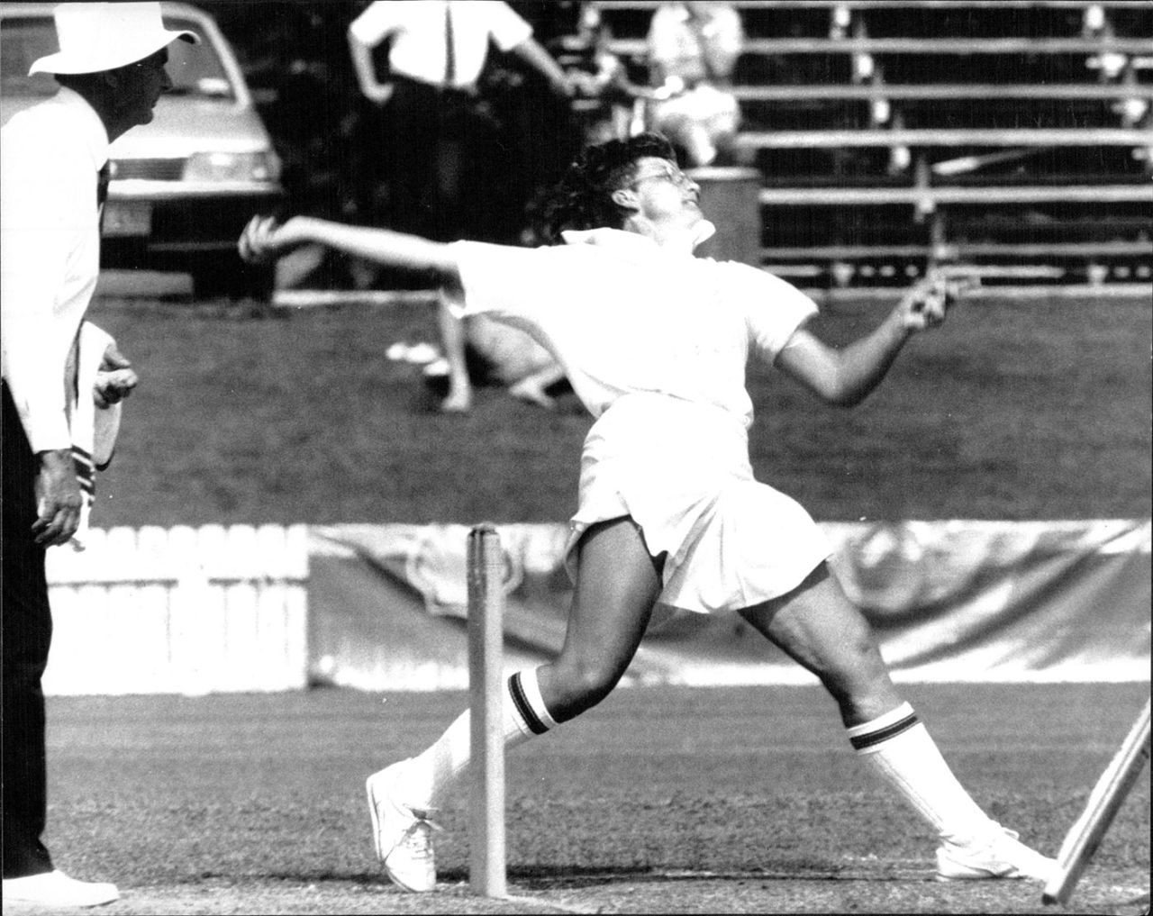 Sharon Tredrea bowls against New Zealand in 1988
