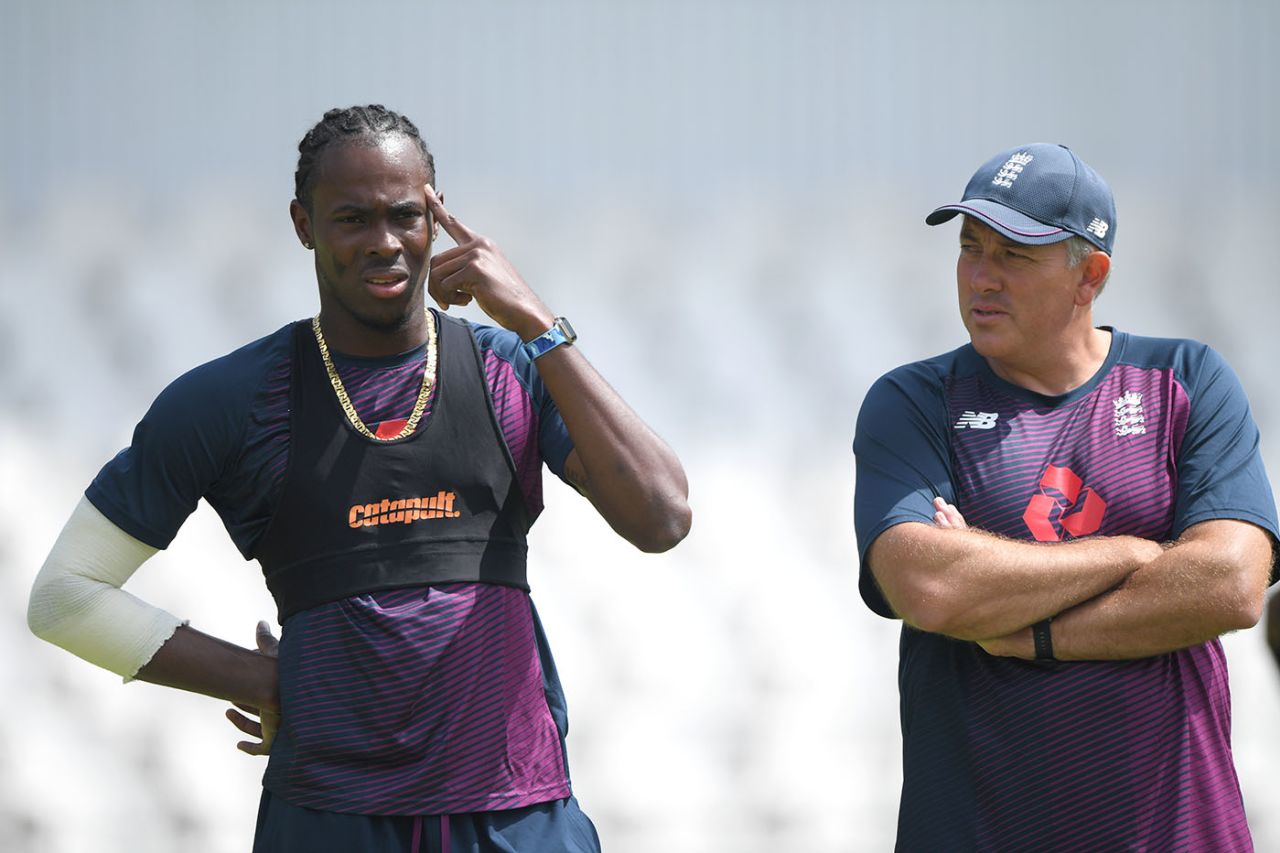 Jofra Archer with Chris Silverwood during England nets at The Wanderers ahead of the 4th Test against South Africa, Johannesburg, January 22, 2020