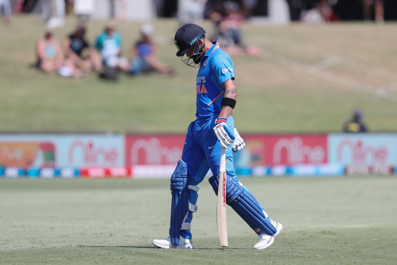 Virat Kohli walks back a dejected man, New Zealand v India, 3rd ODI, Mount Maunganui, February 11, 2020