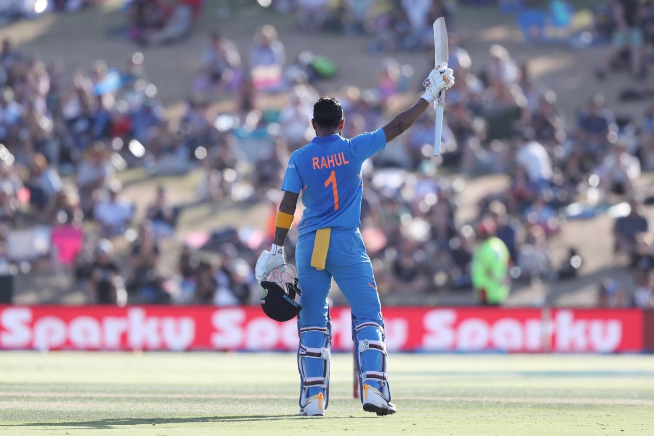 KL Rahul celebrates his century, New Zealand v India, 3rd ODI, Mount Maunganui, February 11, 2020