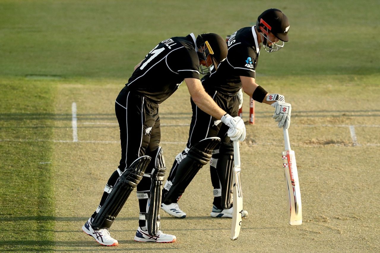 Martin Guptill and Henry Nicholls inspect the pitch, New Zealand v India, 3rd ODI, Mount Maunganui, February 11, 2020