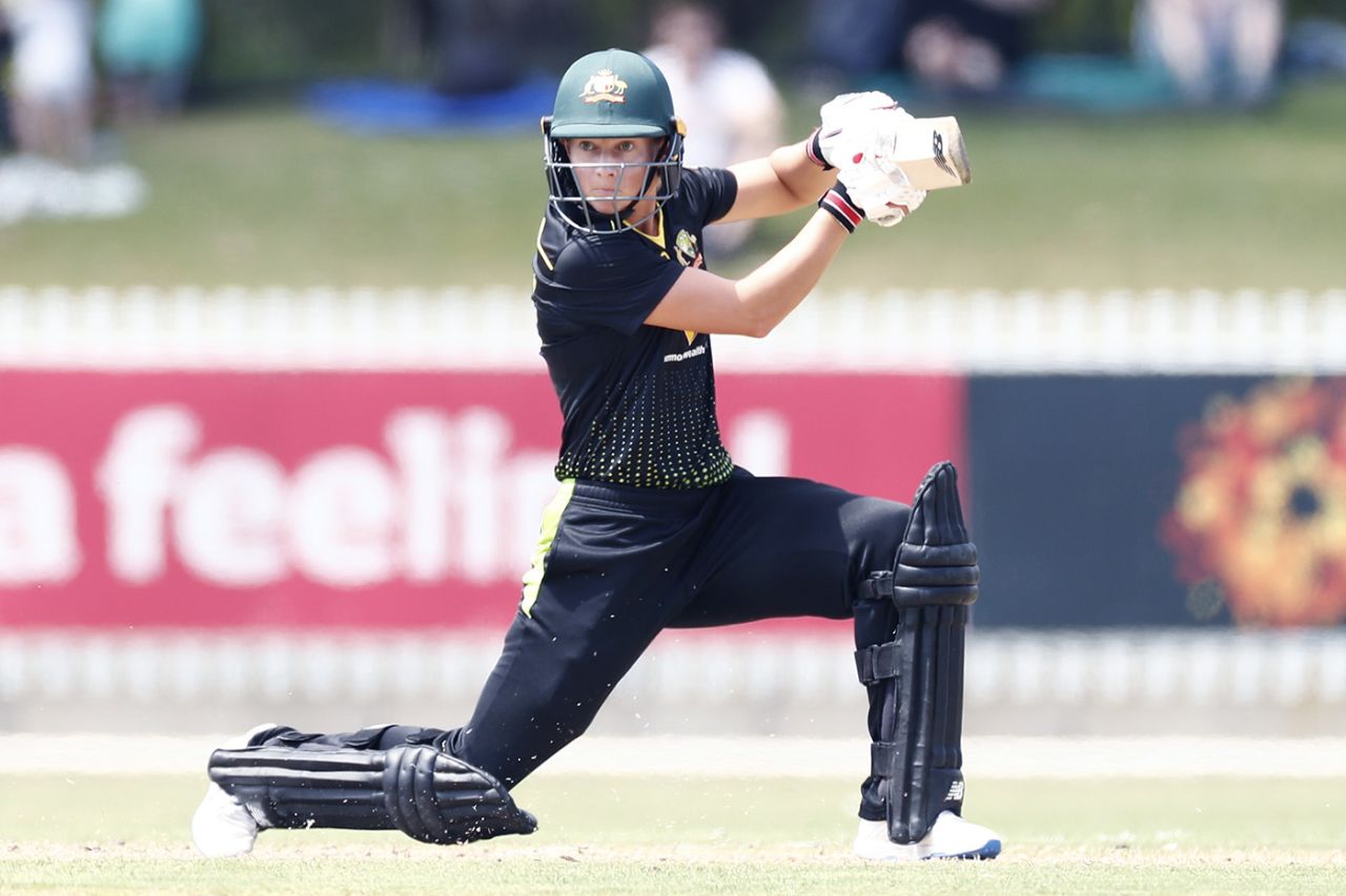 Meg Lanning holds her shape after hammering one past point, Australia v India, Women's tri-series final, Melbourne, February 12, 2020