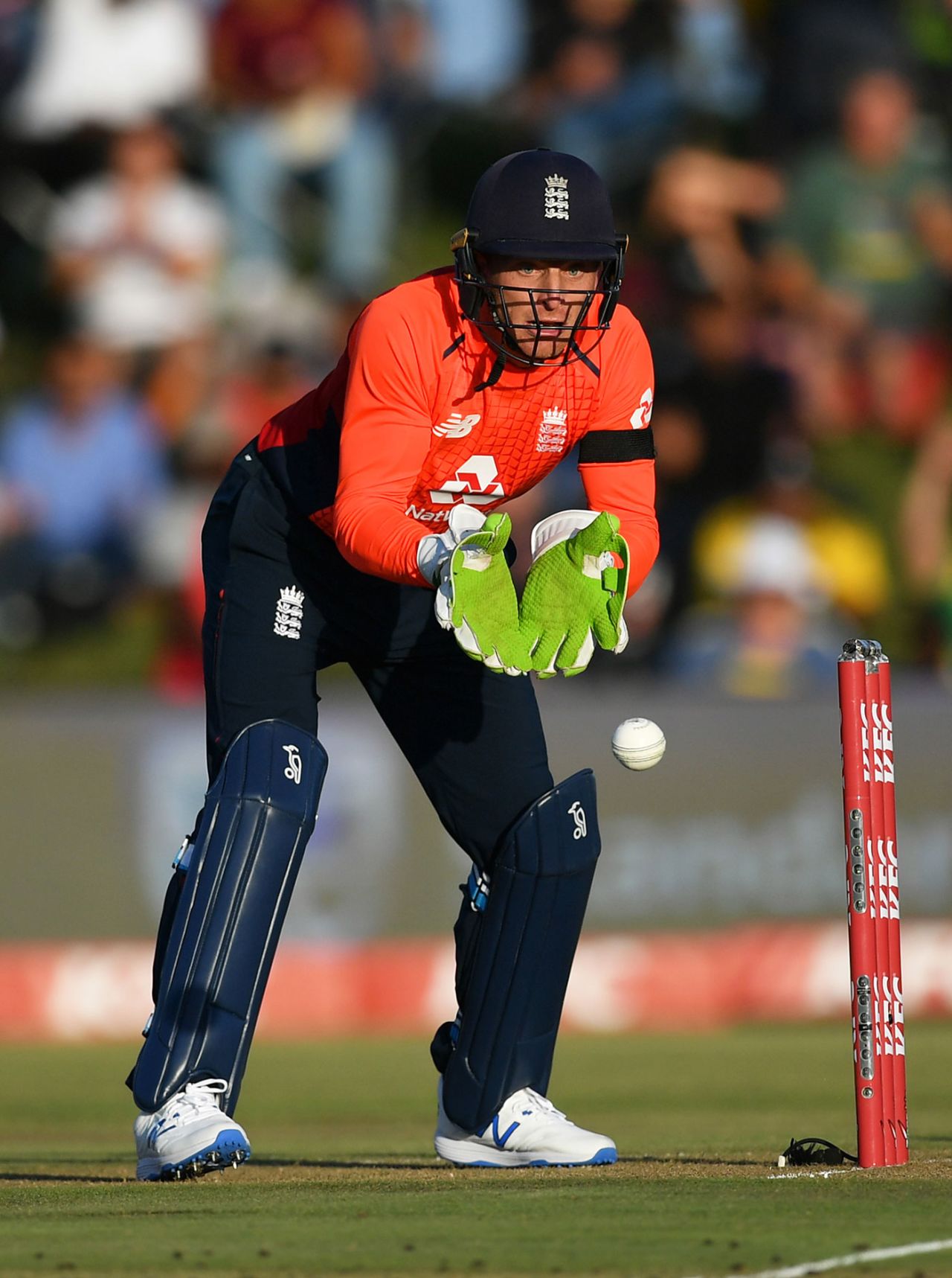 Jos Buttler gathers the ball behind the stumps, South Africa v England, 1st T20I, East London, February 12, 2020