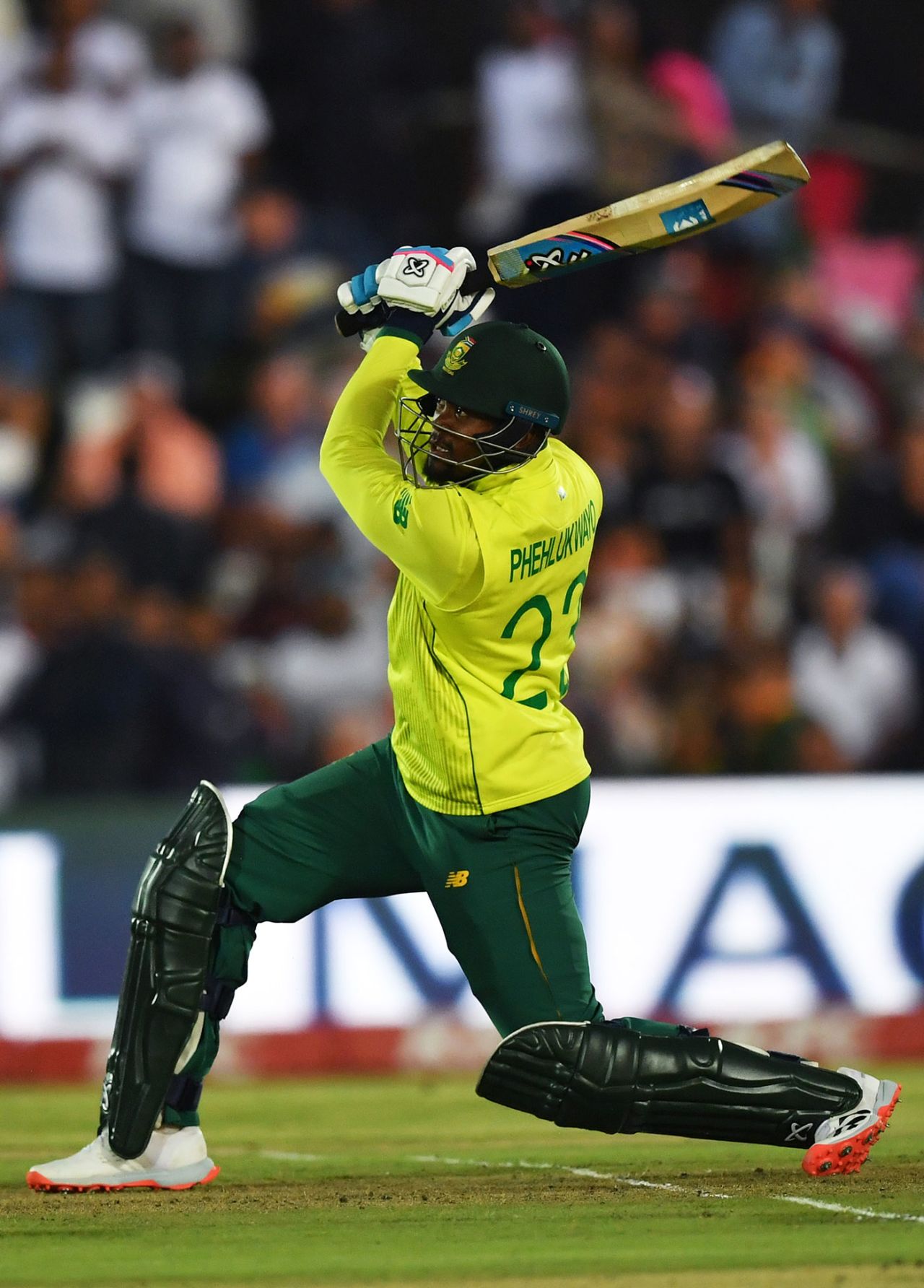 Andile Phehlukwayo drives for six over long-off, South Africa v England, 1st T20I, East London, February 12, 2020