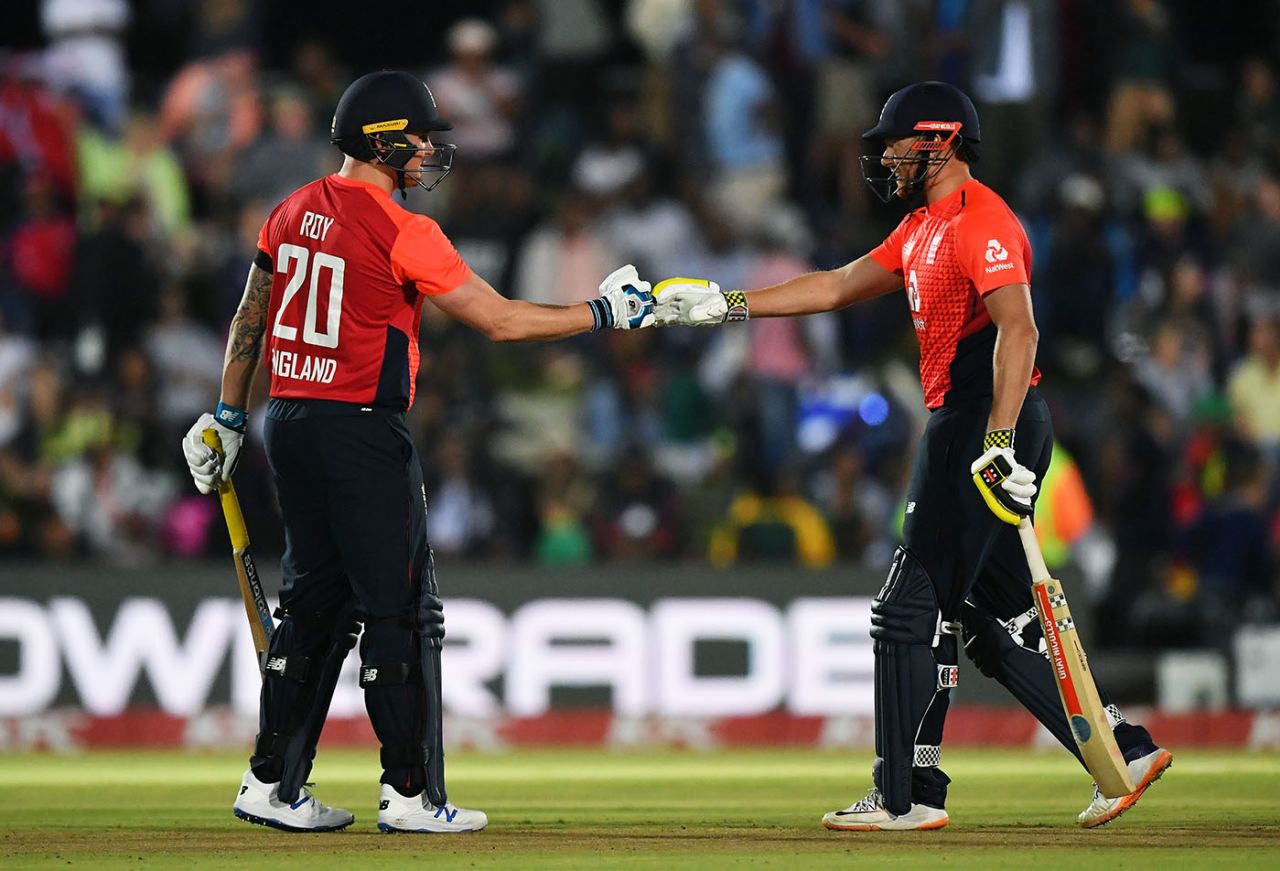 Jason Roy and Jonny Bairstow punch gloves, South Africa v England, 1st T20I, East London, February 12, 2020