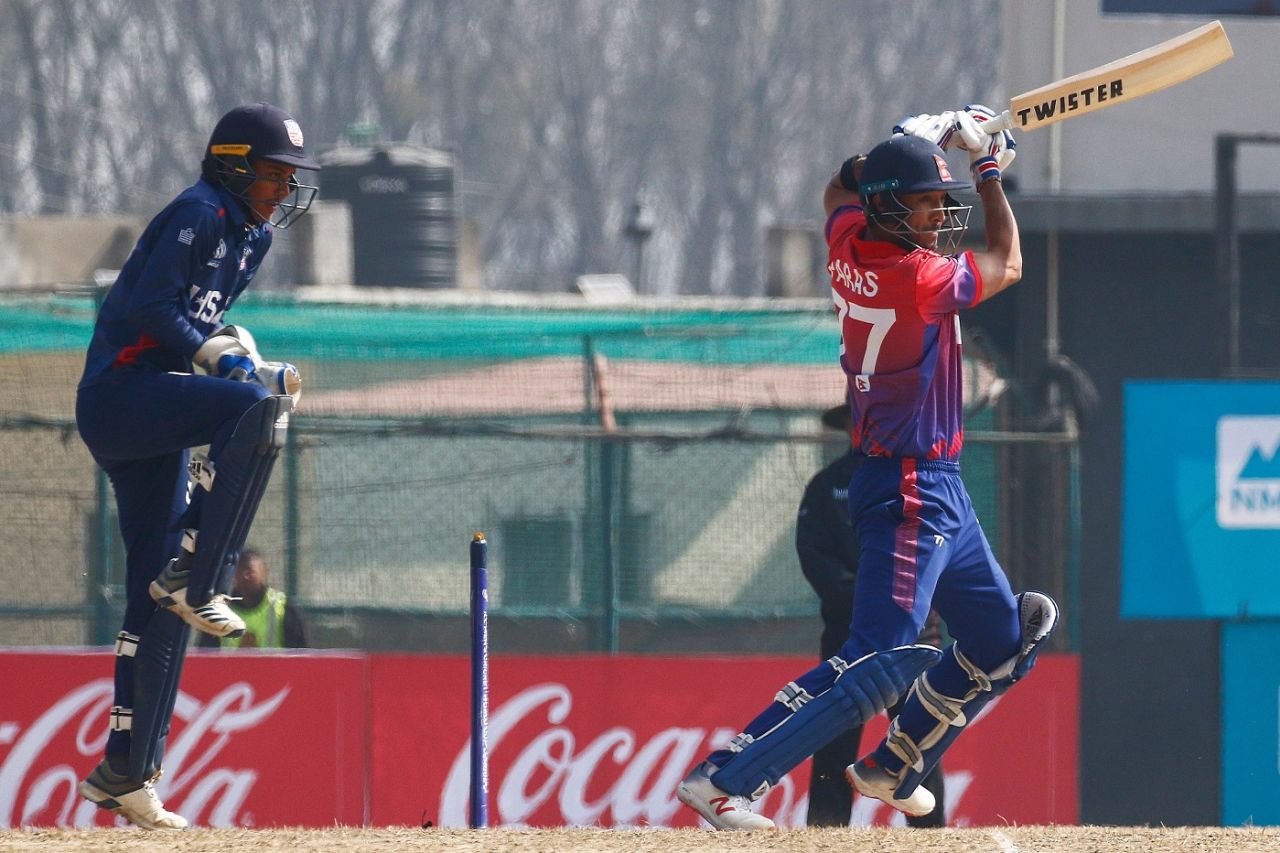 Paras Khadka punches one off the back foot, Nepal v USA, Men's CWC League 2, Kirtipur, February 12, 2020