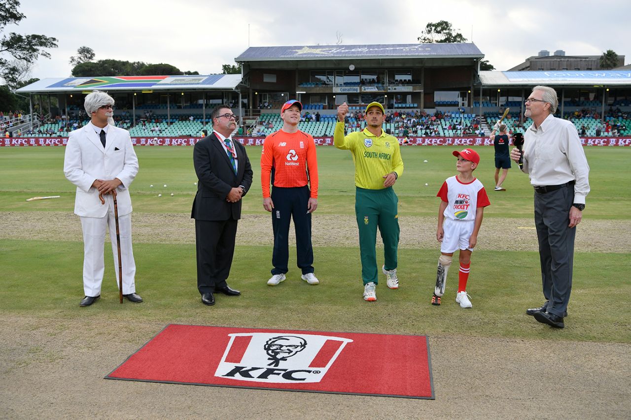 Eoin Morgan and Quinton de Kock at the toss, South Africa v England, 2nd T20I, Durban, February 14, 2020