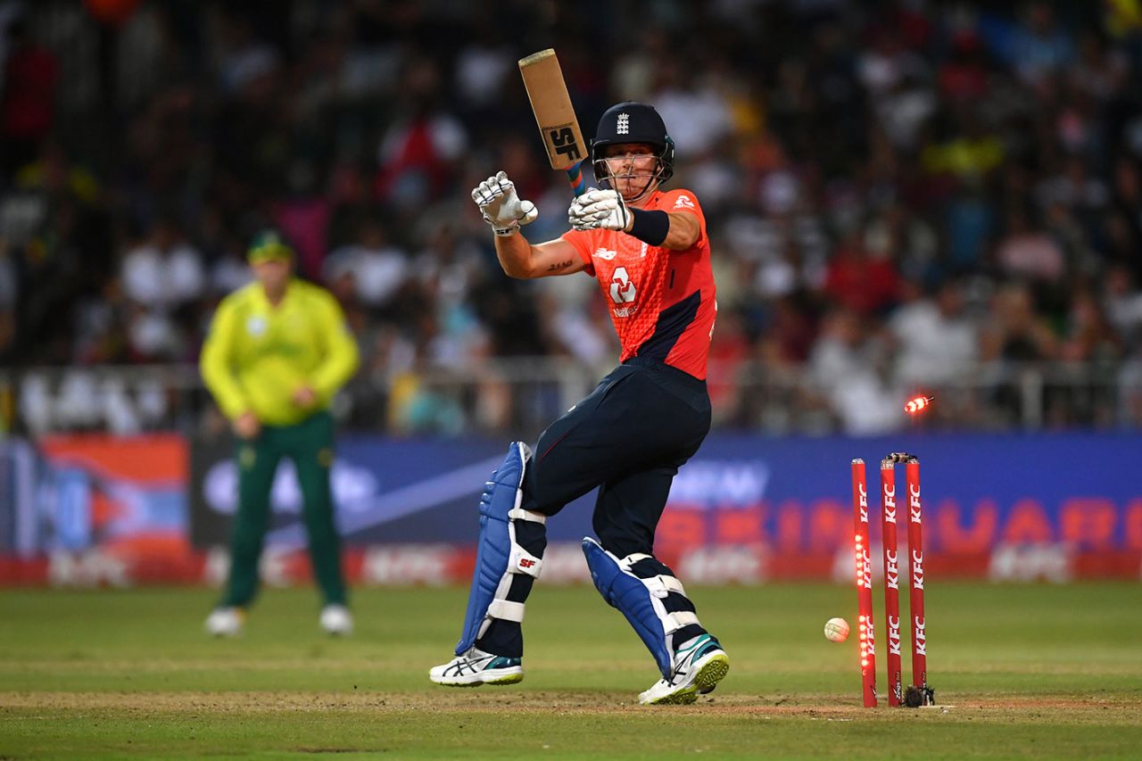 Joe Denly pulls a slower ball onto his own stumps, South Africa v England, 2nd T20I, Durban, February 14, 2020