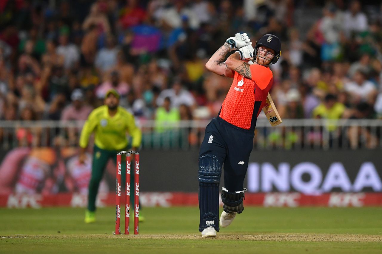 Ben Stokes hammers one over the leg side, South Africa v England, 2nd T20I, Durban, February 14, 2020