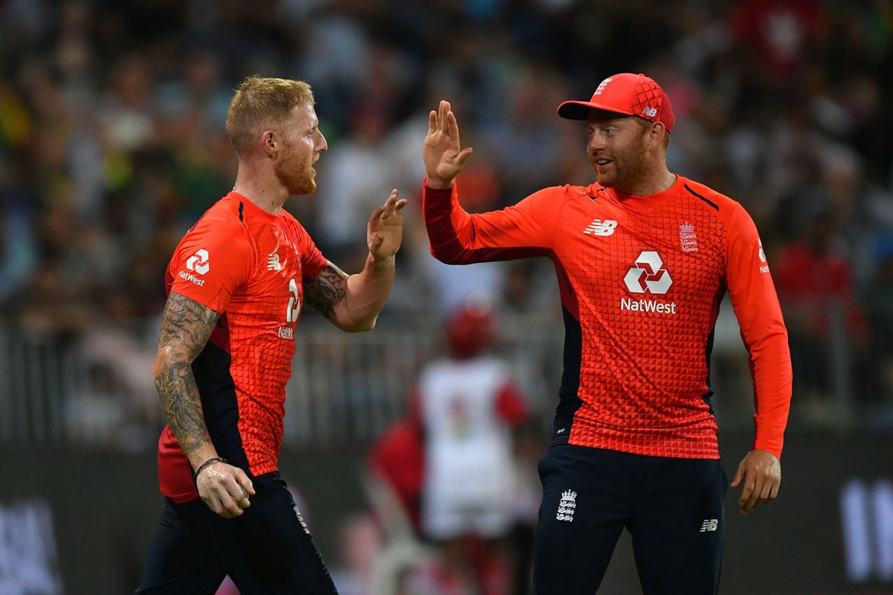 Ben Stokes celebrates with Jonny Bairstow, South Africa v England, 2nd T20I, Durban, February 14, 2020