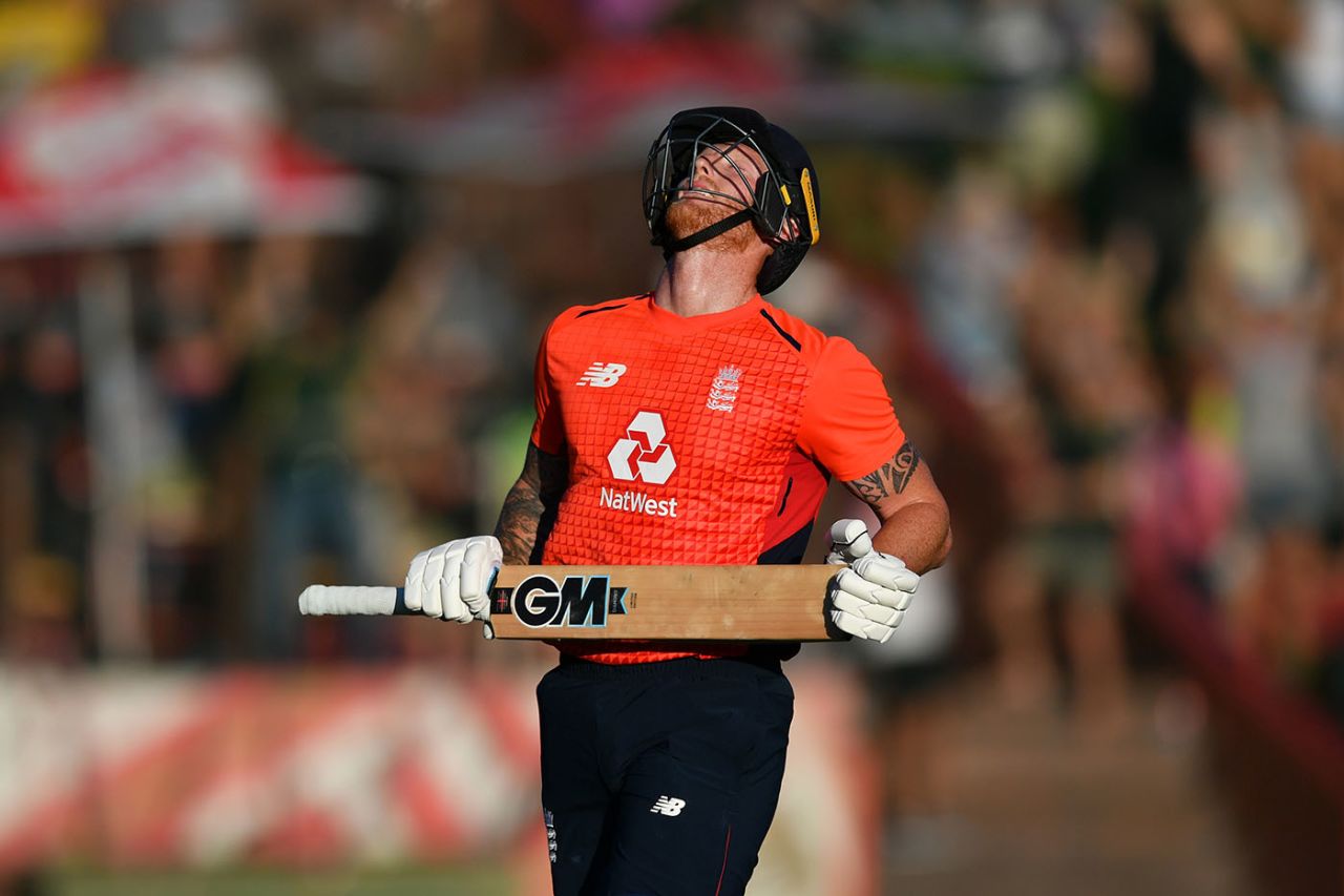 Ben Stokes reacts after being dismissed by Lungi Ngidi, South Africa v England, 3rd T20I, Centurion, February 16, 2020