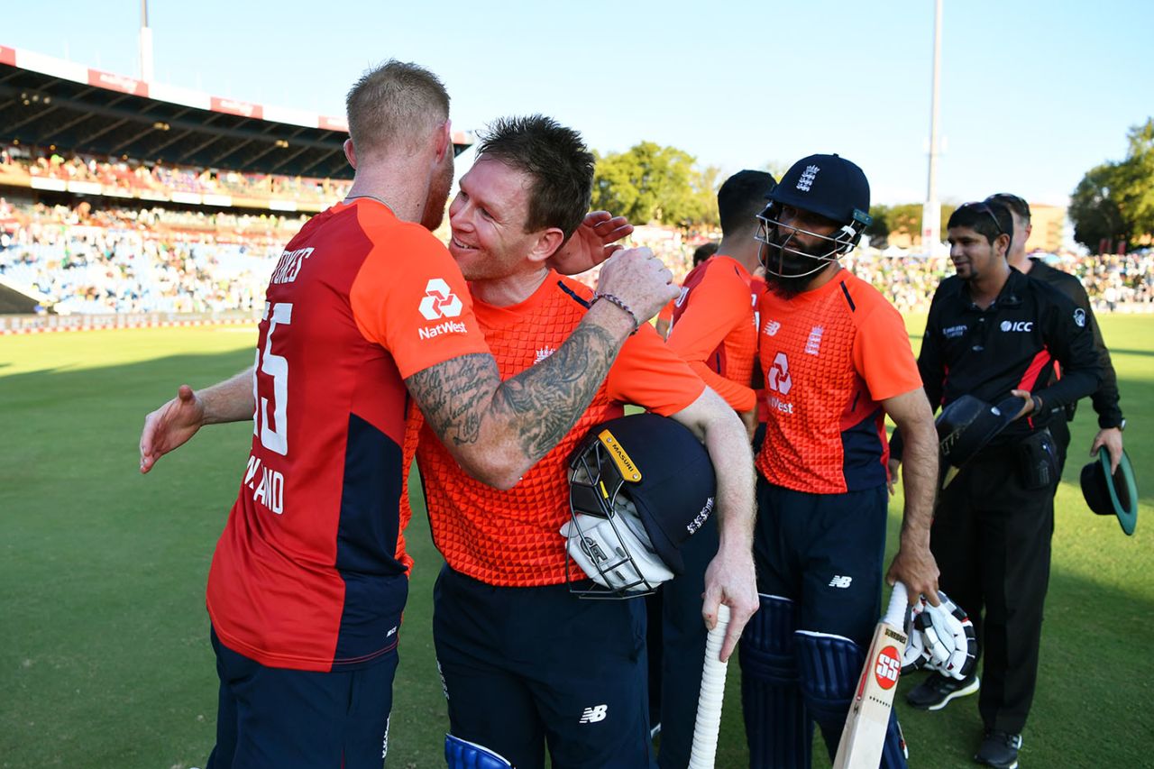 Eoin Morgan embraces Ben Stokes after sealing victory in the match and a 2-1 series triumph, South Africa v England, 3rd T20I, Centurion, February 16, 2020