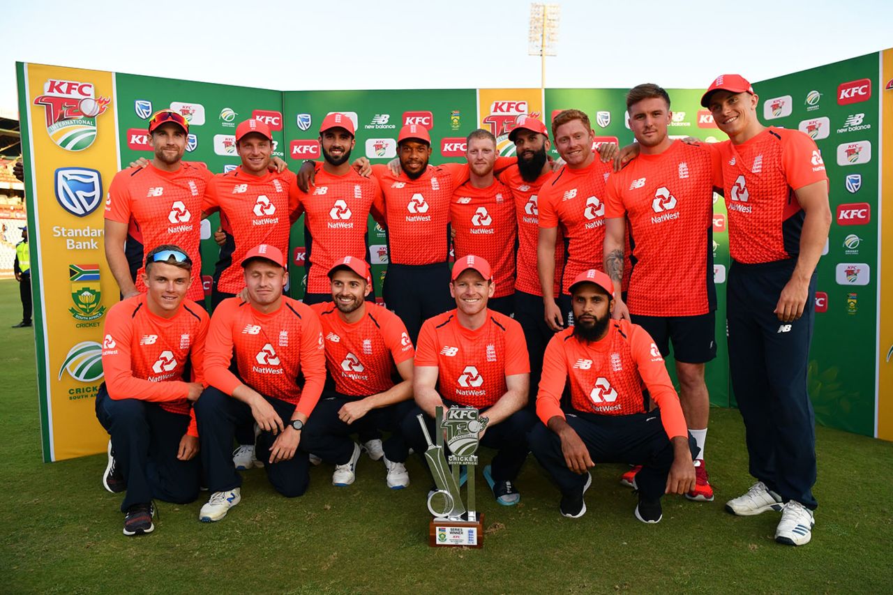 The England team pose with the silverware after their 2-1 series victory, South Africa v England, 3rd T20I, Centurion, February 16, 2020