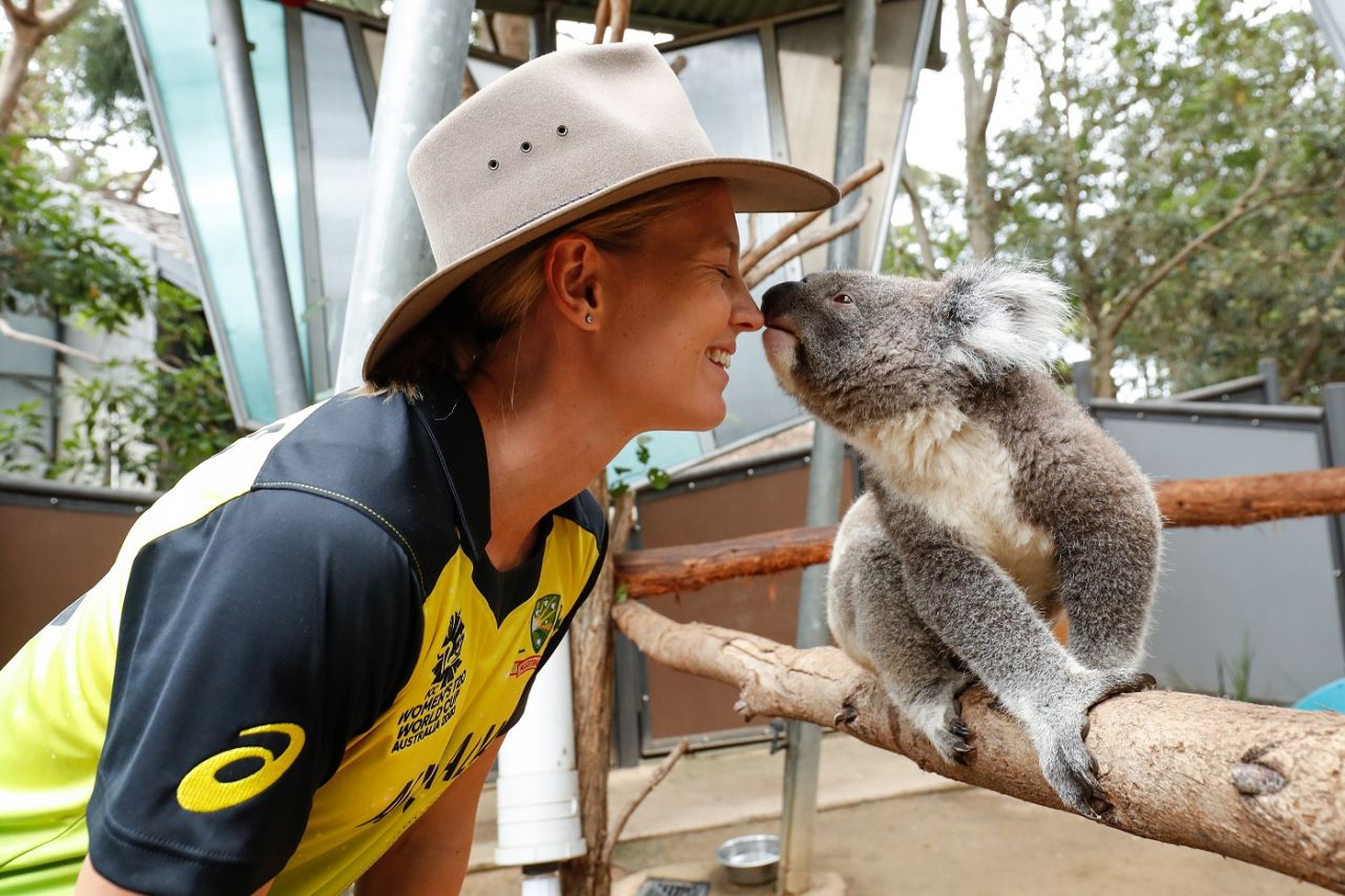 Meg Lanning rubs nose with a koala, Syndey, February 17, 2020