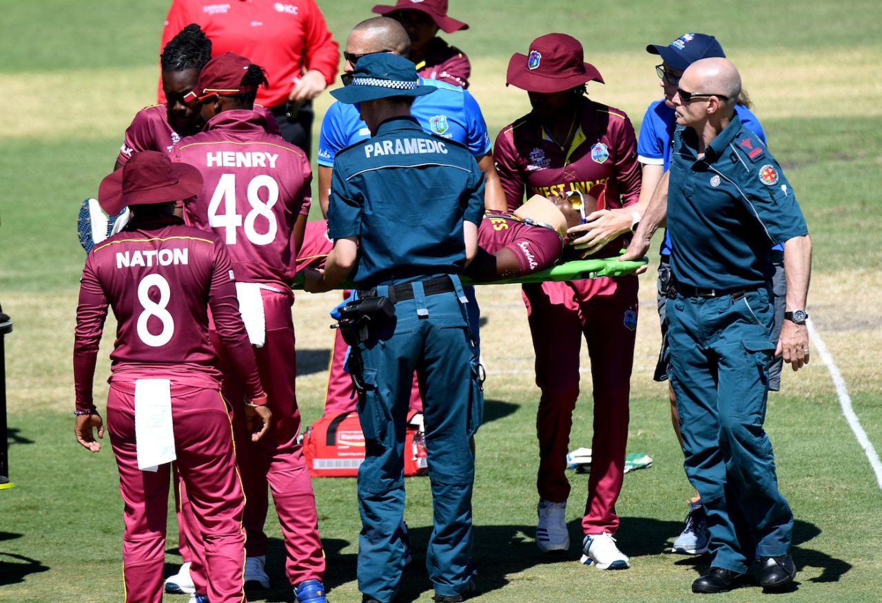 Shakera Selman is carried on the stretcher after her injury, India v West Indies, Women's T20 World Cup warm-up, Brisbane, February 18, 2020
