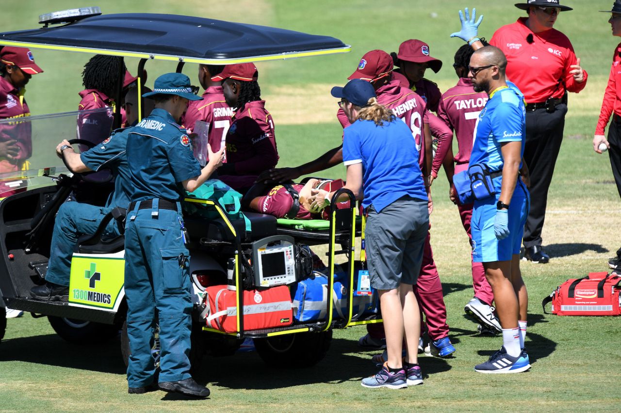 Shakera Selman gets medical attention after injuring herself on the field, India v West Indies, Women's T20 World Cup warm-up, Brisbane, February 18, 2020