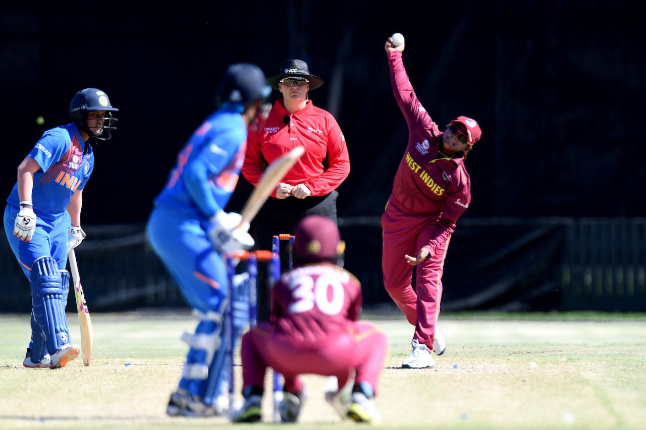 Anisa Mohammed in her delivery stride, India v West Indies, Women's T20 World Cup warm-up, Brisbane, February 18, 2020