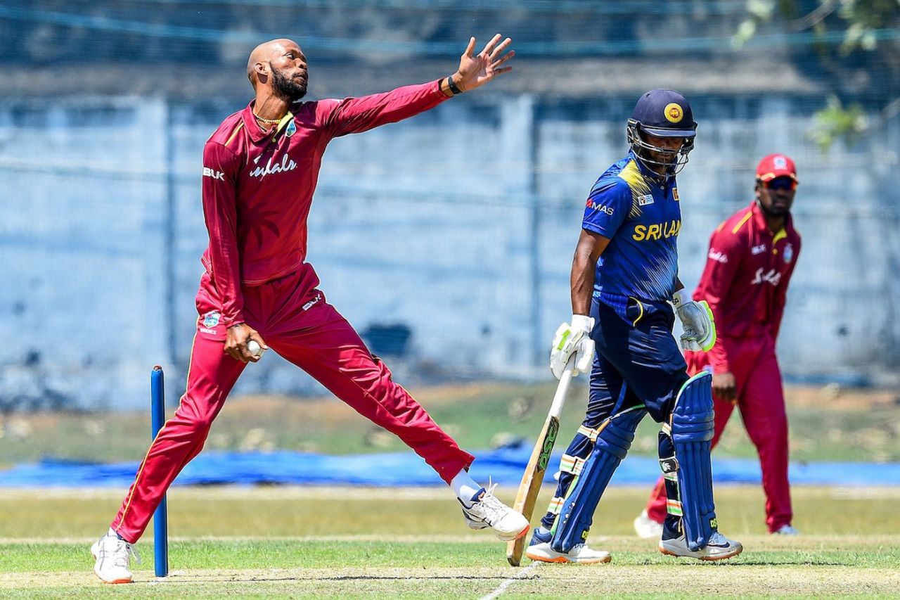 Roston Chase is about to deliver the ball, Sri Lanka Board President's XI v West Indians, Katunayake, February 20, 2020