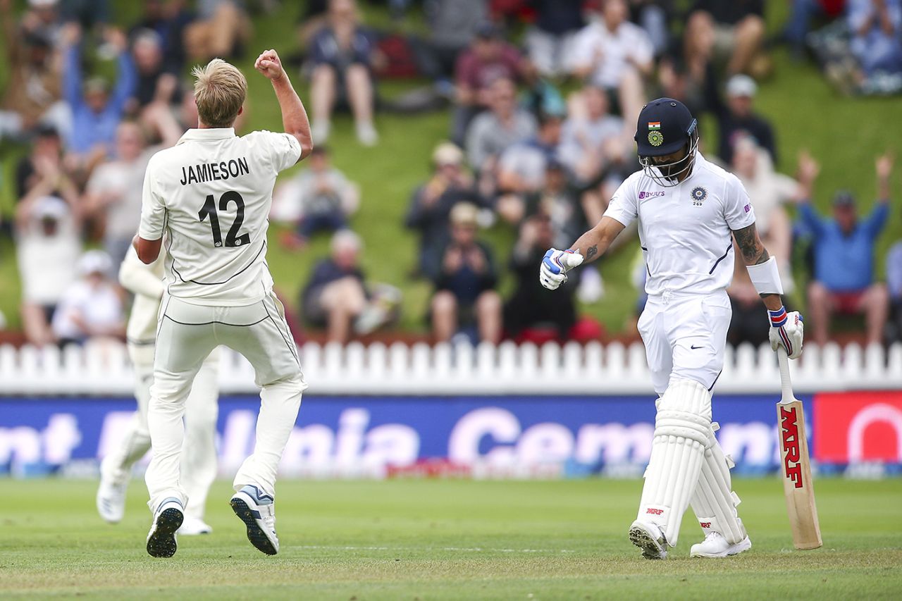 Kyle Jamieson is pumped up after getting rid of Virat Kohli, New Zealand v India, 1st Test, Wellington, 1st day, February 21, 2020