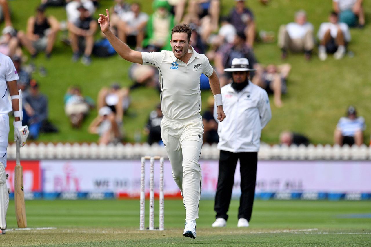 Tim Southee celebrates a wicket, New Zealand v India, 1st Test, Wellington, 2nd day, February 22, 2020