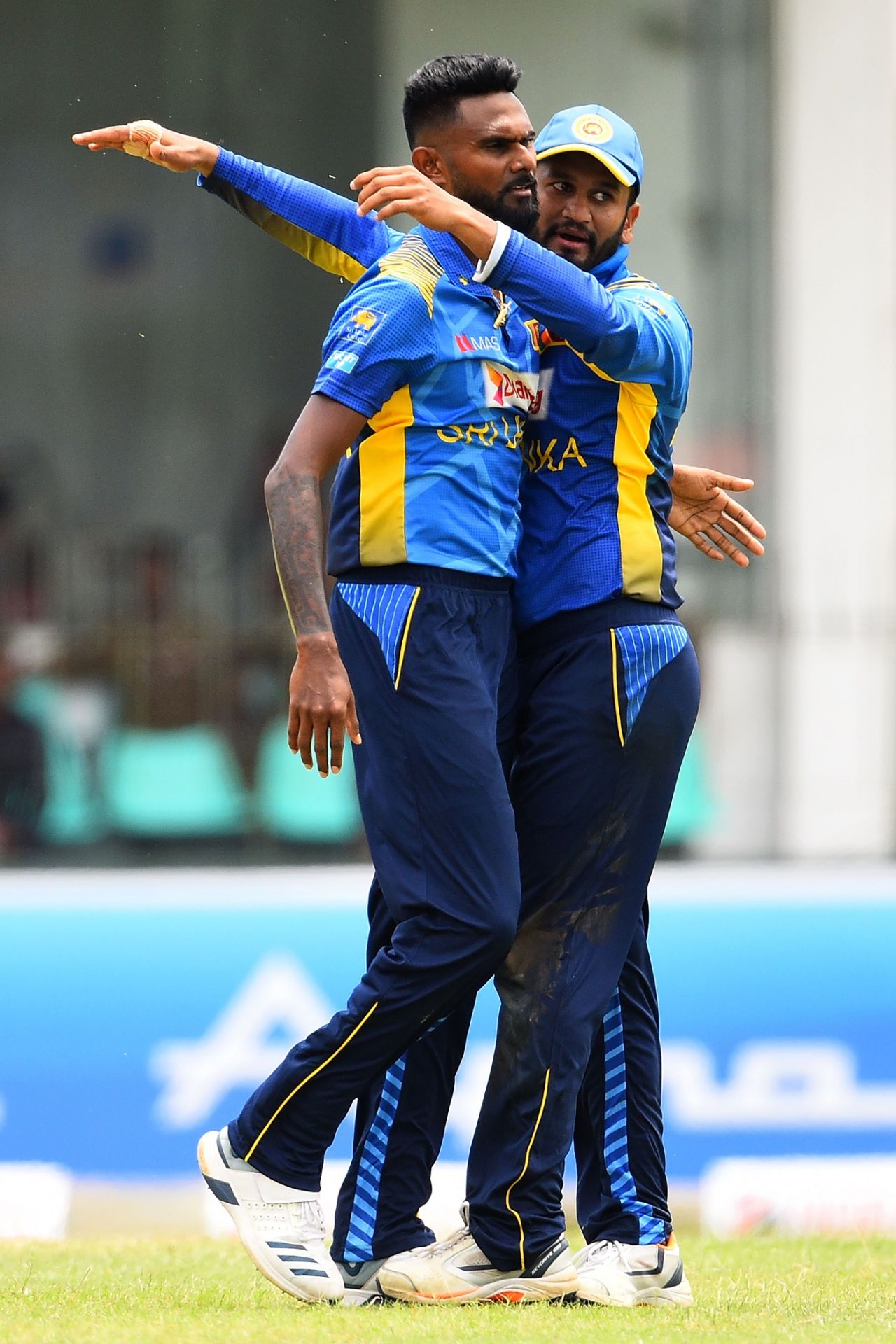Dimuth Karunaratne congratulates Isuru Udana, Sri Lanka v West Indies, 1st ODI, Colombo, February 22, 2020