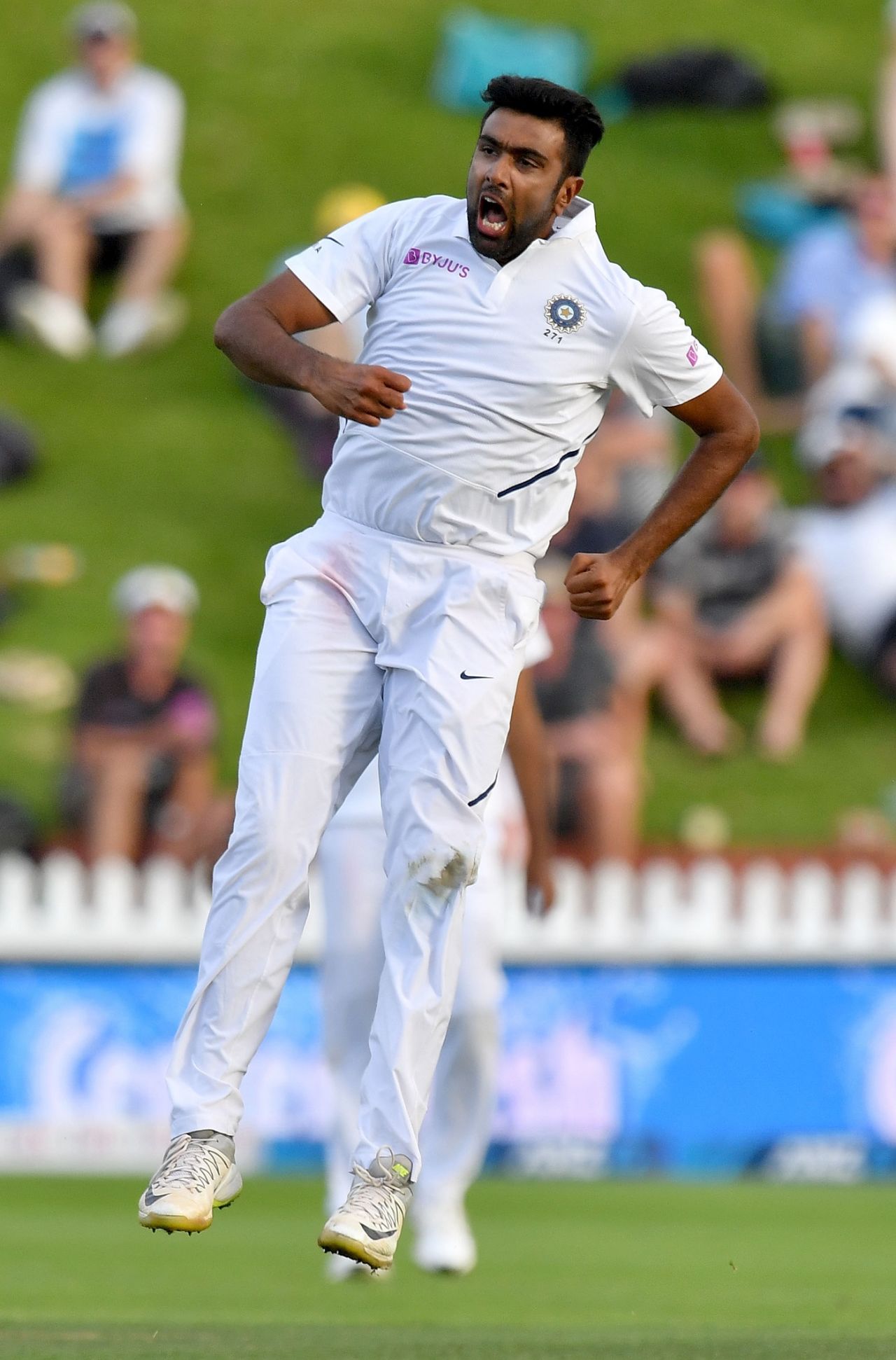 R Ashwin is pumped after sending back Henry Nicholls, New Zealand v India, 1st Test, Wellington, 2nd day, February 22, 2020