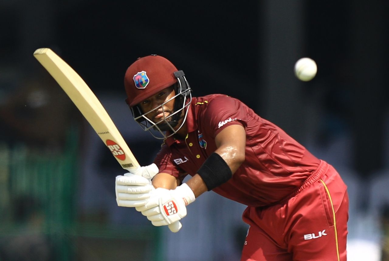 Shai Hope follows the ball off his bat, Sri Lanka v West Indies, 1st ODI, Colombo, February 22, 2020