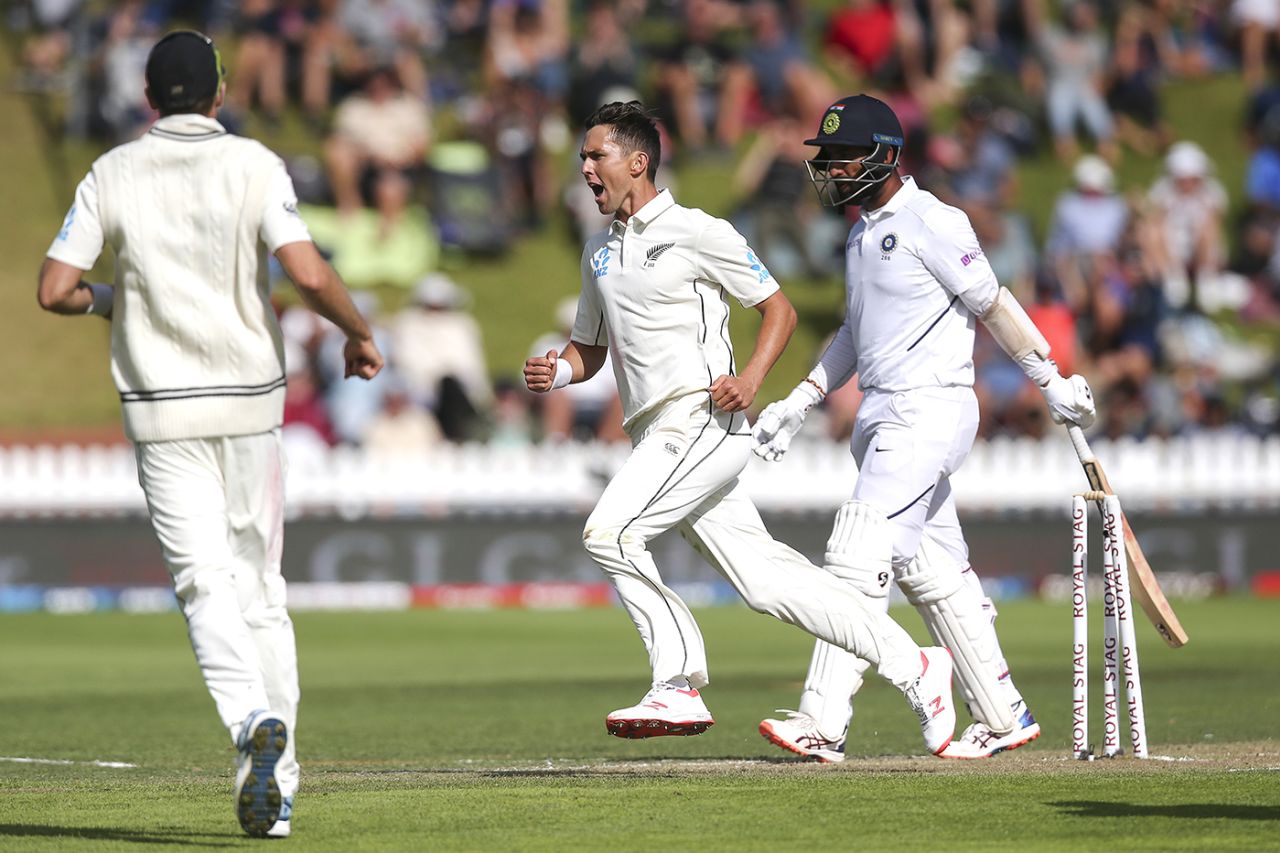 Trent Boult goes on a celebratory run after bowling Cheteshwar Pujara, New Zealand v India, 1st Test, Wellington, 3rd day, February 23, 2020