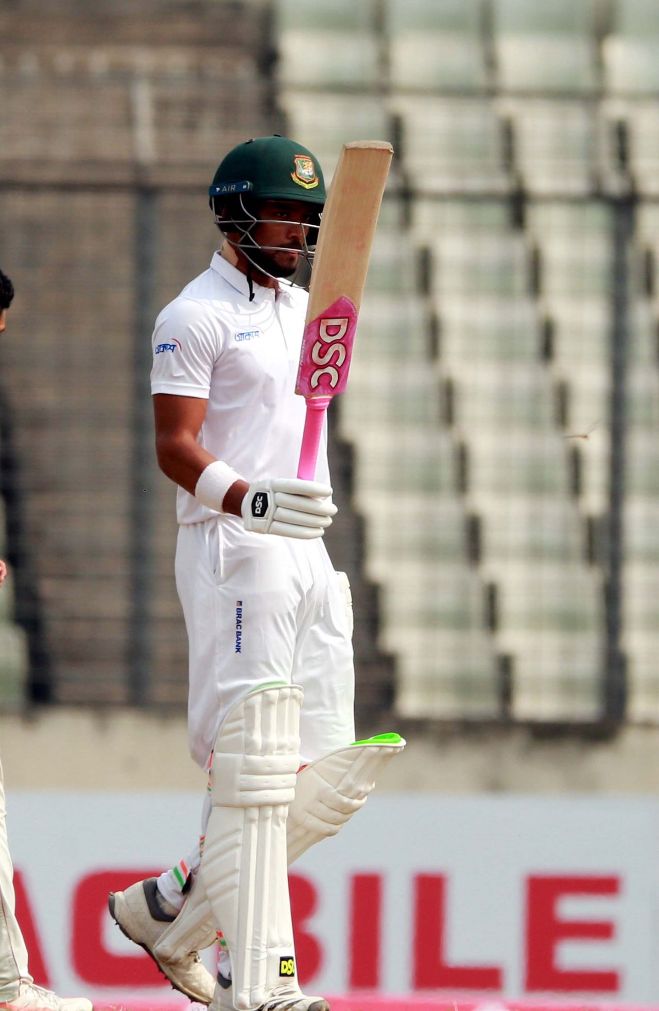 Najmul Hossain Shanto raises his bat after getting to his fifty, Bangladesh v Zimbabwe, Only Test, Dhaka, 2nd day, February 23, 2020