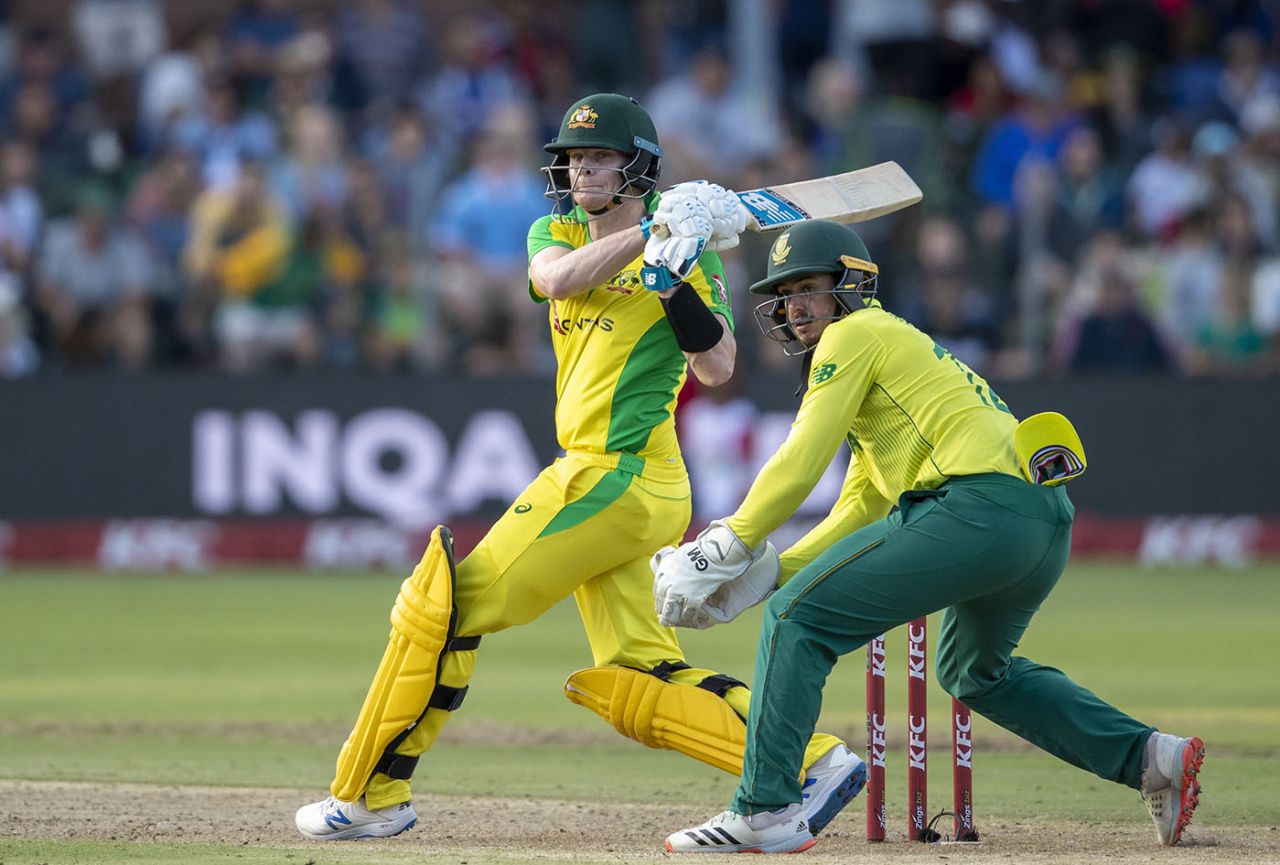 Steven Smith swings the ball leg side, South Africa v Australia, 2nd T20I, Port Elizabeth, February 23, 2020