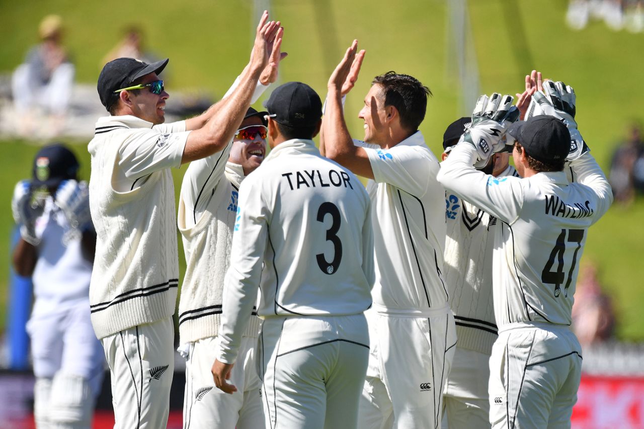 Wreckers-in-chief Tim Southee and Trent Boult share a moment amid New Zealand's celebrations, New Zealand v India, 1st Test, Wellington, 4th day, February 24, 2020