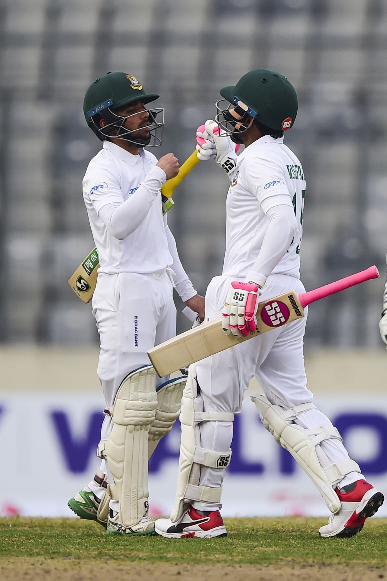Mominul Haque and Mushfiqur Rahim celebrate a landmark for the former, Bangladesh v Zimbabwe, Only Test, Dhaka, 2nd day, February 23, 2020