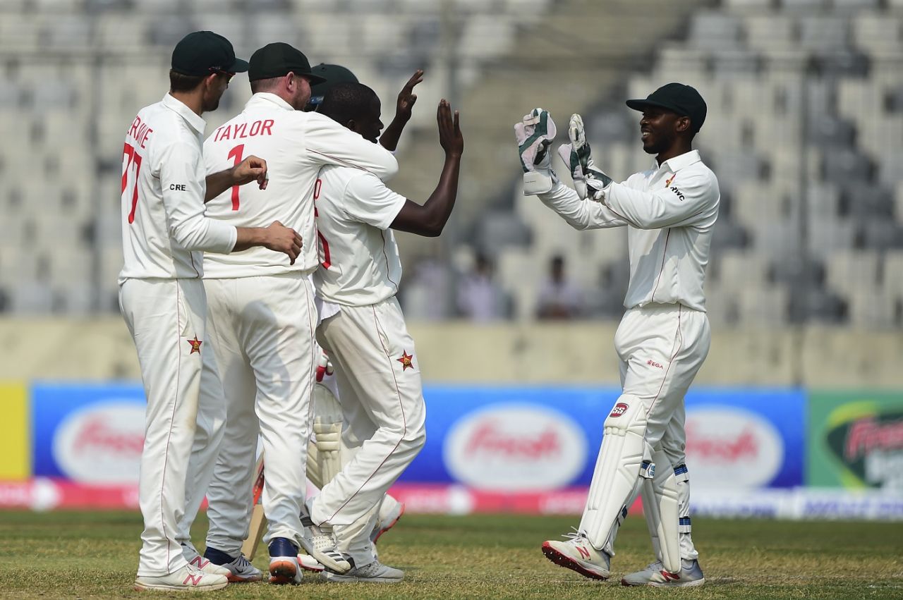 Donald Tiripano celebrates a wicket, Bangladesh v Zimbabwe, Only Test, Dhaka, 2nd day, February 23, 2020