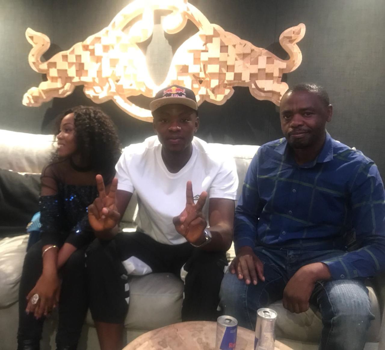 Singer Motswedi Modiba, Kagiso Rabada and his father, Dr Mpho Rabada, at the launch of a new music track by Modiba and Rabada Snr, Red Bull Studios, Cape Town, February 24, 2020