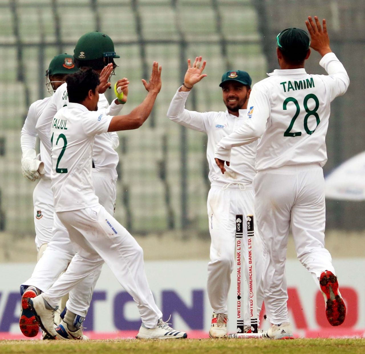 Taijul Islam celebrates with his team-mates after sending back Sikandar Raza, Bangladesh v Zimbabwe, Only Test, Dhaka, 4th day, February 25, 2020