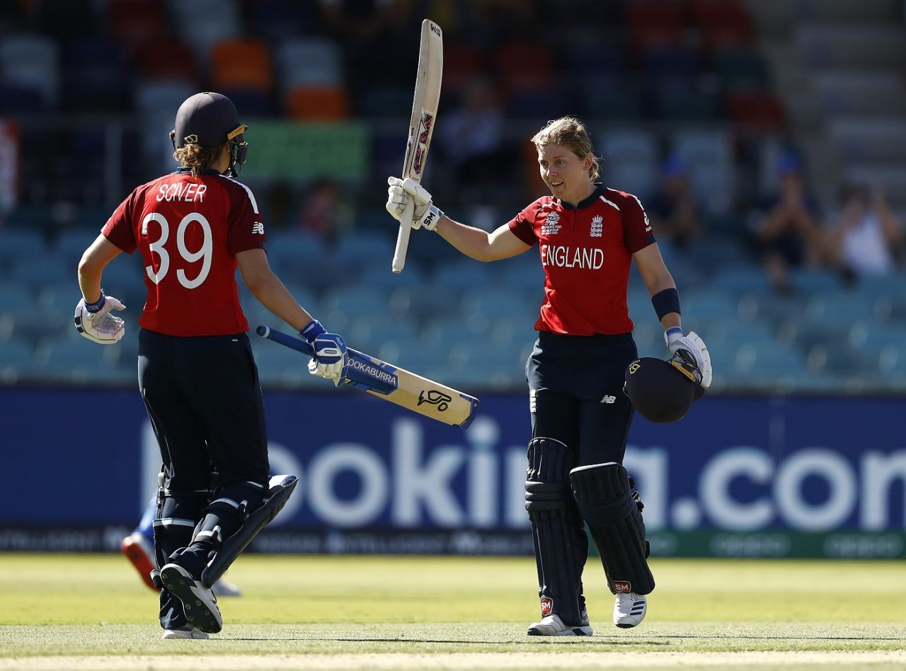 Heather Knight struck her maiden T20I century, completing the feat of scoring a century in each international format, England v Thailand, Women's T20 World Cup, Canberra, February 26, 2020