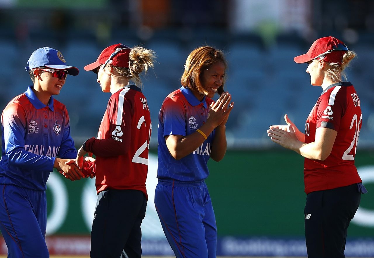 England and Thailand players greet each other at the end of the match, England v Thailand, Women's T20 World Cup, Canberra, February 26, 2020