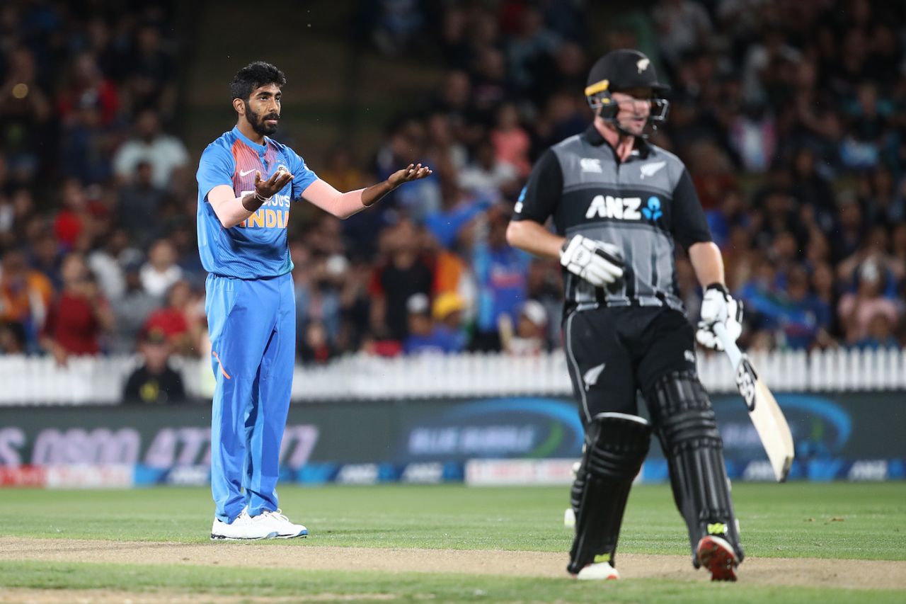 Jasprit Bumrah reacts after a misfield, third T20I, New Zealand v India, Seddon Park, Hamilton, New Zealand, January 29, 2020 in 