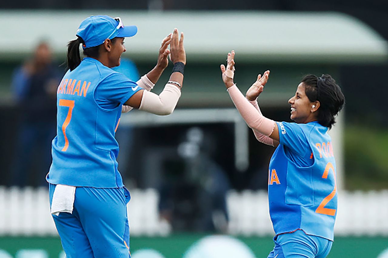 Poonam Yadav celebrates after dismissing Sophie Devine cheaply, India v New Zealand, Group A, T20 World Cup, Junction Oval, February 27, 2020