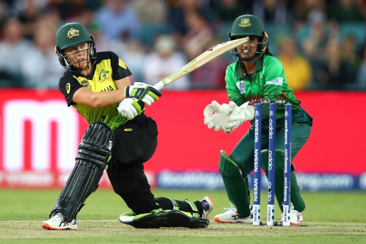 Alyssa Healy sweeps the ball away, Australia v Bangladesh, Women's T20 World Cup, Group A, Canberra, February 27, 2020