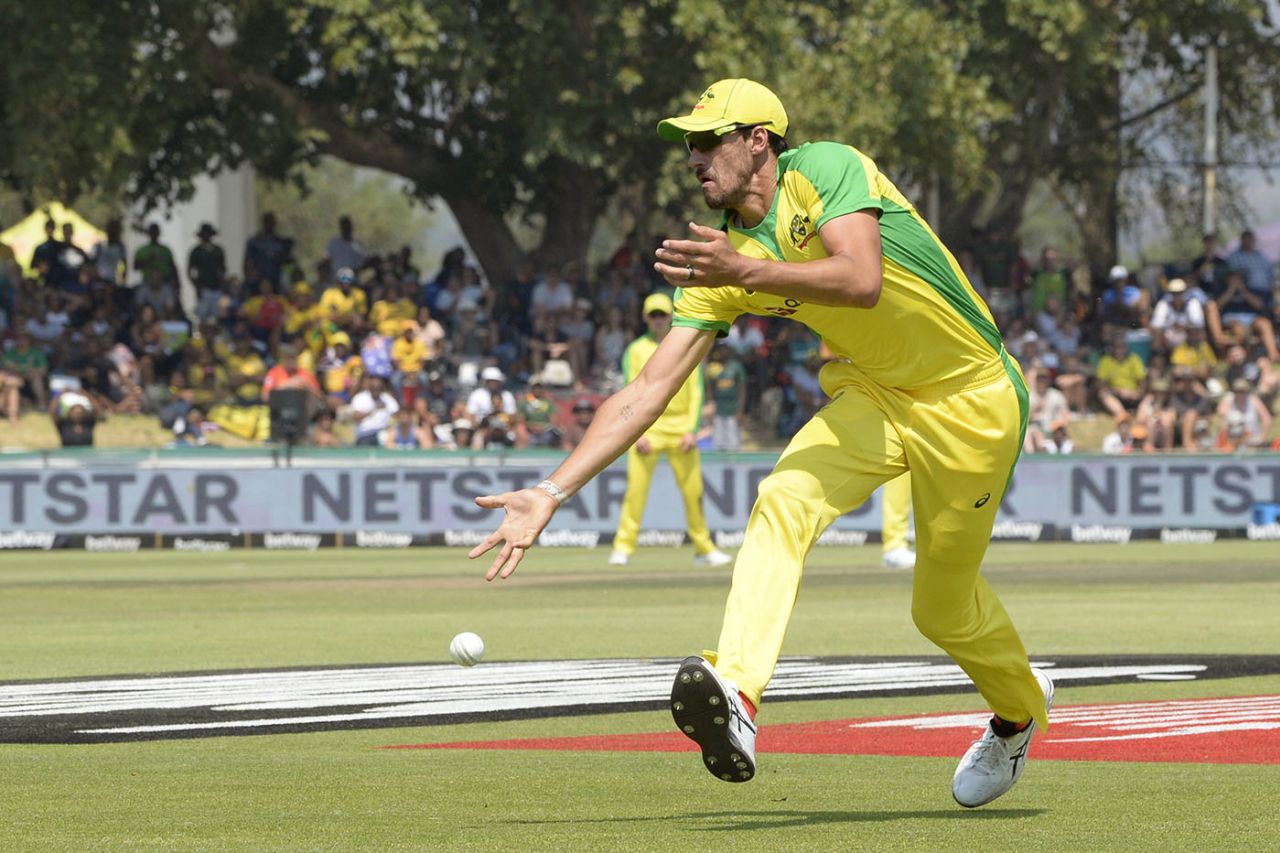 Mitchell Starc puts down a catch, South Africa v Australia, 1st ODI, Paarl, February 29, 2020