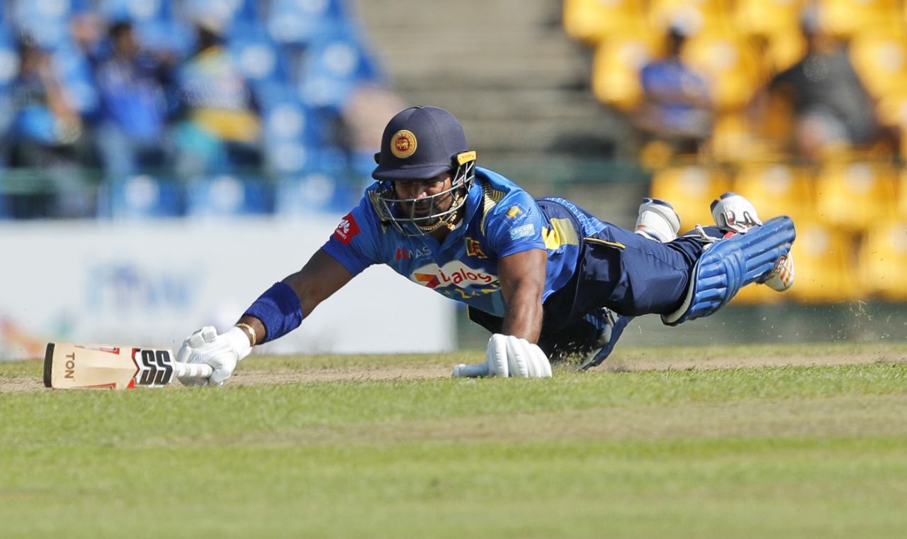 Kusal Perera dives in to reach the crease, Sri Lanka v West Indies, 3rd ODI, Pallekele, March 1, 2020