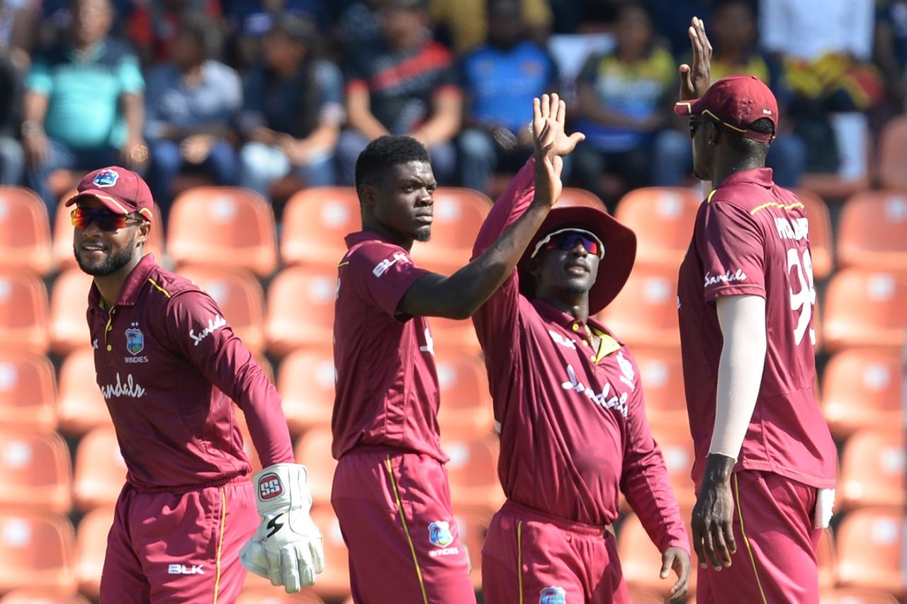 Alzarri Joseph takes in some high-fives, Sri Lanka v West Indies, 3rd ODI, Pallekele, March 1, 2020