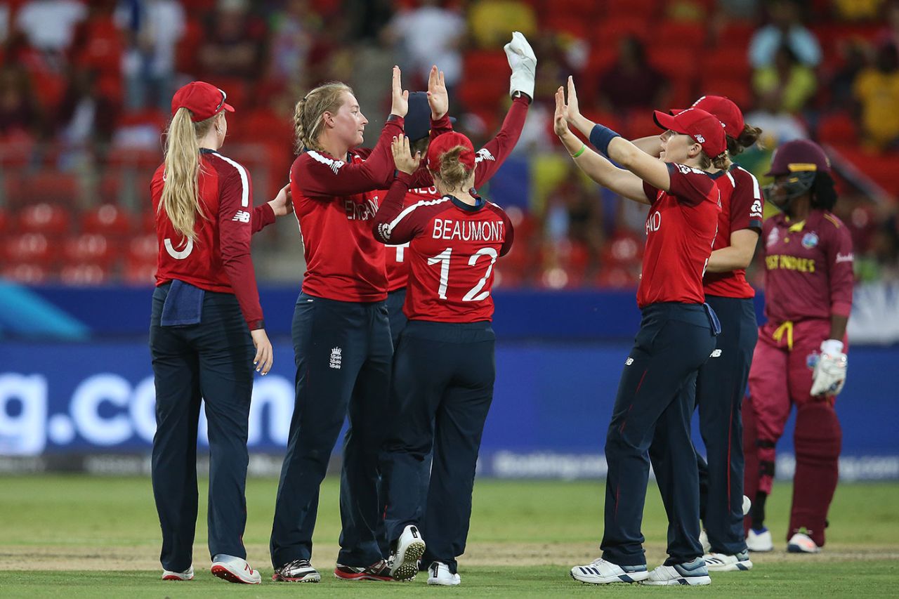 Sophie Ecclestone celebrates another wicket for England, England v West Indies, Group B, Women's T20 World Cup, Sydney, March 1, 2020