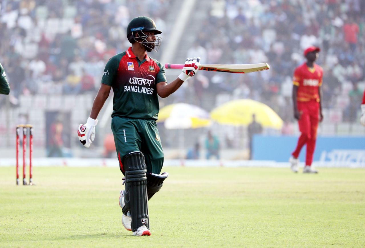Tamim Iqbal walks off after breaking his own record for highest ODI score for a Bangladesh batsman, Bangladesh v Zimbabwe, 2nd ODI, Sylhet, March 3, 2020