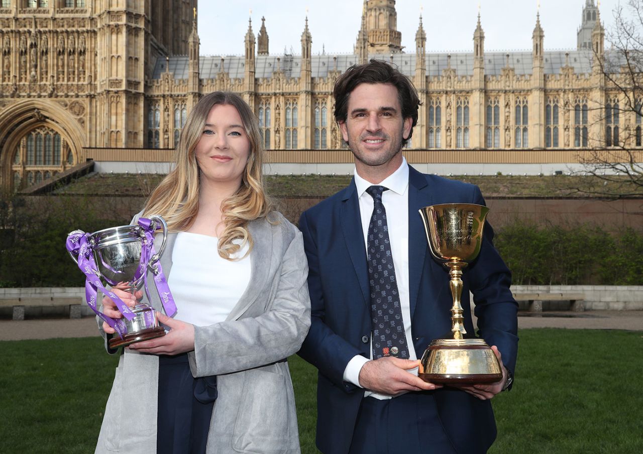 Lauren Griffiths and Ryan ten Doeschate with the Women's One Day Cup and County Championship trophies, House of Lord's, March 3, 2020