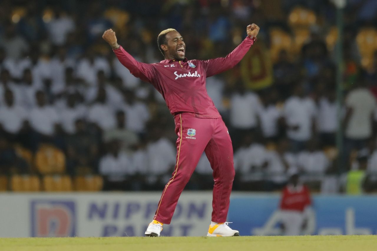 Fabian Allen celebrates a wicket, Sri Lanka v West Indies, 2nd T20I, Pallekele, March 6, 2020