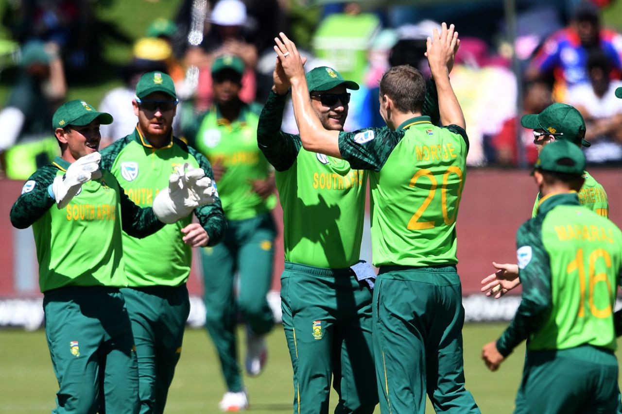 Anrich Nortje celebrates a breakthrough, Australia v South Africa, 3rd ODI, Potchefstroom, March 7, 2020