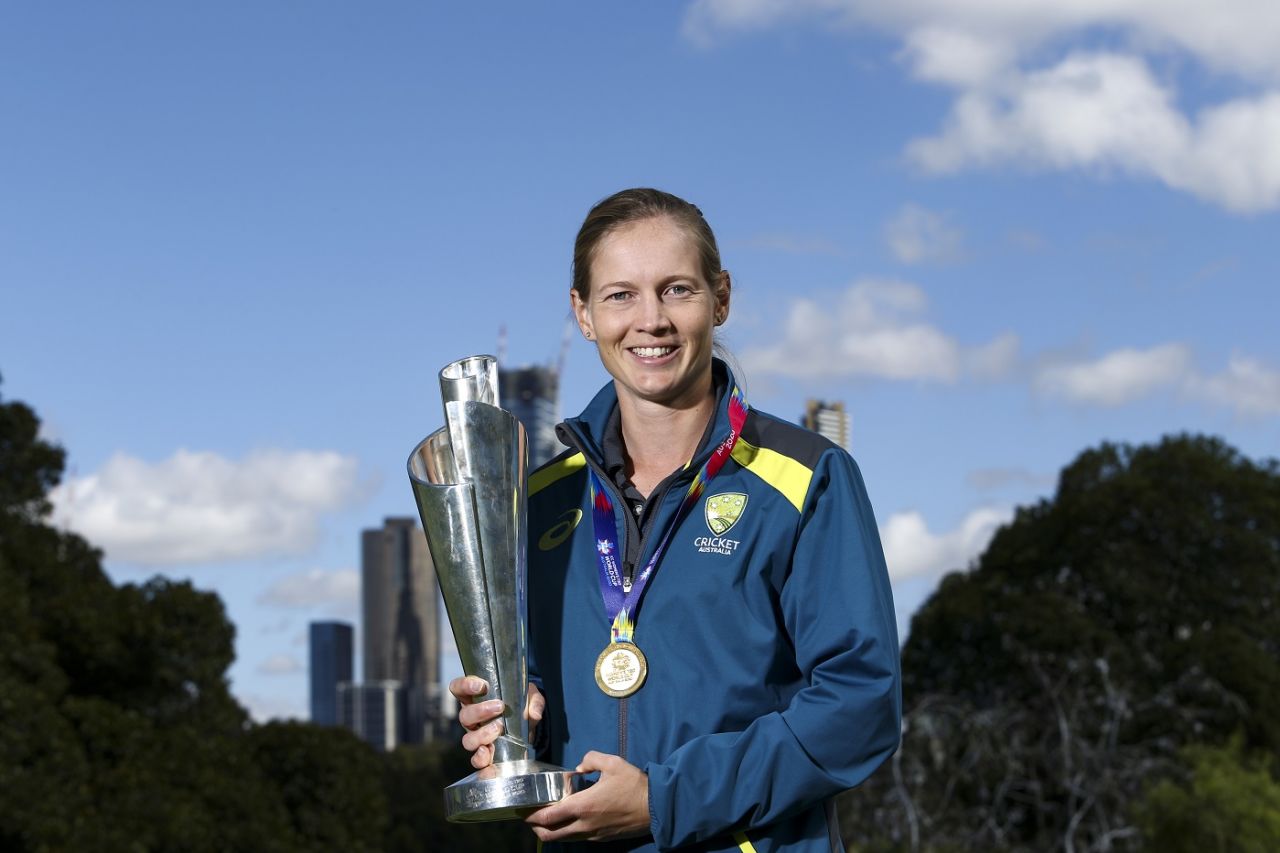 Meg Lanning poses with the T20 World Cup trophy at the Royal Botanical Gardens, Melbourne, March 9, 2020